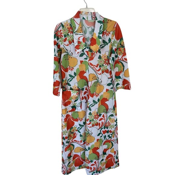 House Dress MuMu Maxi 1970 Pockets Groovy Poly Vintage Floral Print Long Sleeve - Picture 1 of 12